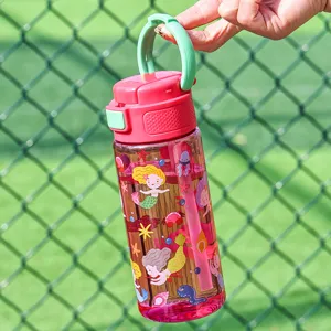Cartoon kids water bottle with straw and handle, portable plastic cup for students.