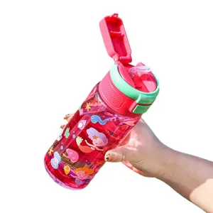 Kids cute mermaid plastic water bottle with straw lid portable student drinkware