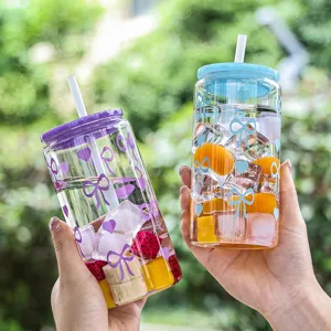 Glass straw cup with cute bow pattern portable coffee mug for summer daily use 400ml