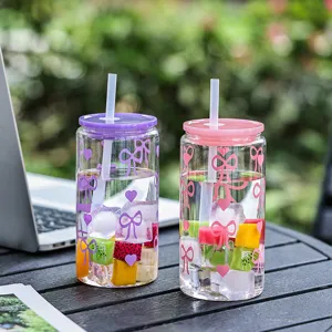 Summer glass straw cup with cute bow pattern, portable cold drink coffee and milk tea cup.