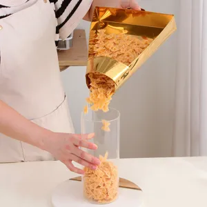 Gold stainless steel funnel scoop for food packaging, handy french fries bagging tool.