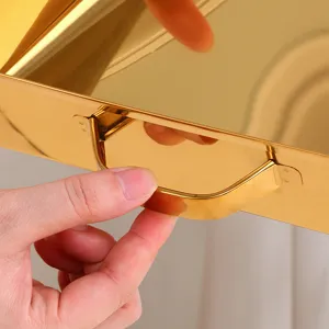 Gold stainless steel tray with handle, mirror polished metal storage box for kitchen or table.