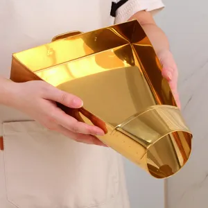 Stainless steel golden funnel scoop for fast food packaging and fried chicken snacks daily use.