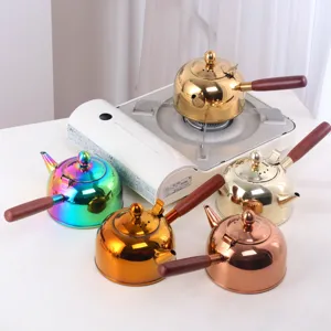 Théière en acier inoxydable avec poignée bois, bouilloire moderne multicolore pour la cuisine