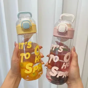 Portable plastic water bottle with tea strainer handle and cute letter print for outdoor sports