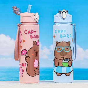 Leuke capybara print student sport waterfles draagbare plastic beker met rietje design.
