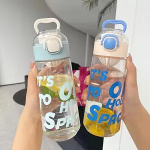 Transparent plastic water bottle with infuser strainer, colorful lid and portable handle for daily use.