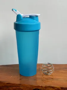 Portable fitness shaker bottle, plastic protein powder mixing cup with stainless steel ball.