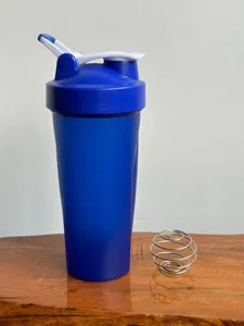 Close-up detail of the portable fitness shaker bottle with secure lid and metal whisk ball.