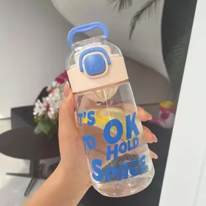 Close-up detail of clear plastic water bottle with cute handle and tea strainer inside.