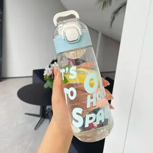 Clear plastic portable water bottle with blue lid, tea strainer and volume scale lines.