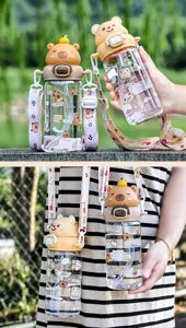 Cute cartoon capybara kids water bottle with straw and strap, portable outdoor student drink cup.