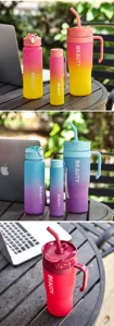 Gradient plastic water bottle and dual-drink straw tumbler set for sports and outdoor use.