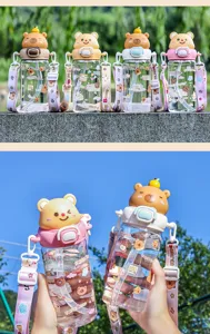 Cute cartoon bear strap water bottle for kids, durable plastic straw cup for outdoor sports.
