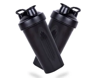 Black protein shaker bottle detail view, durable fitness gym cup with handle and leakproof lid.