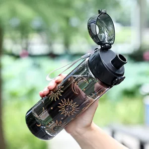 Bouteille d'eau de sport extérieure portable avec motif soleil lune, design noir transparent.