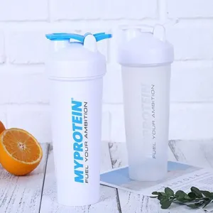 Detail view of portable fitness shaker bottle for protein powder, leakproof gym cup.