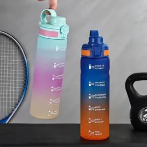 Gradient Plastic Sports Water Bottle Large Capacity Leakproof Gym Drinking Cup With Time Marker And Portable Handle