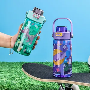 Kids Water Bottle Portable Plastic Straw Cup Cartoon Print Cute Student Outdoor Drinking Bottle With Lid And Handle
