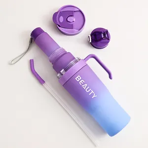 Gradient plastic sports water bottle with straw and handle, large capacity dual drink cup.