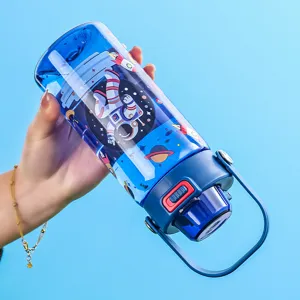Cartoon kids water bottle with straw portable strap blue space astronaut design cup