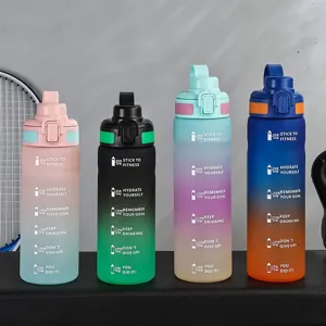 Large capacity motivational gradient plastic sports water bottle with time marker, fitness gym cup