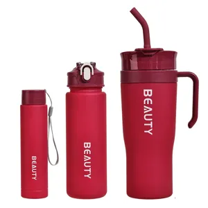 Set of 3 red plastic water bottles and straw tumblers with portable strap, daily use.