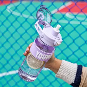 Large capacity plastic sports water bottle with straw and purple sleeve for outdoor fitness.