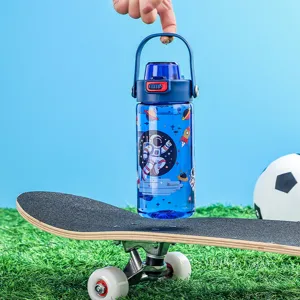 Blue kids water bottle with cute astronaut cartoon pattern, portable handle and straw lid.