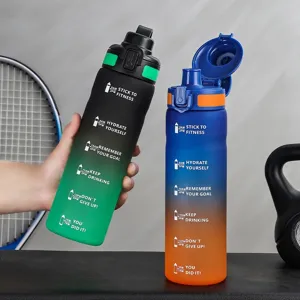Large capacity gradient plastic sports water bottle with time marker and motivational quotes