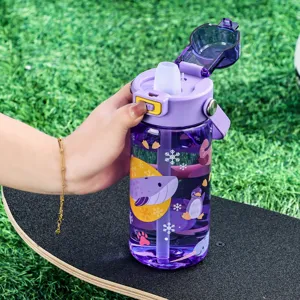 Children's cute cartoon straw water bottle with flip top lid, portable kids cup for school.