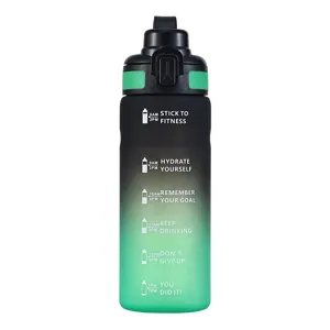 Gradient plastic sports water bottle with time markers and motivational quotes for fitness.