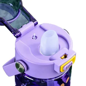 Children cartoon water bottle main view featuring leakproof lid and straw close up.