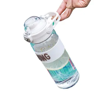 Plastic sports water bottle with straw and silicone sleeve, large capacity portable drinkware cup.