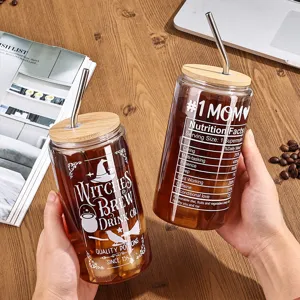 Glasbecher mit Bambusdeckel und Strohhalm, wiederverwendbarer Eiskaffee Becher 500ml.