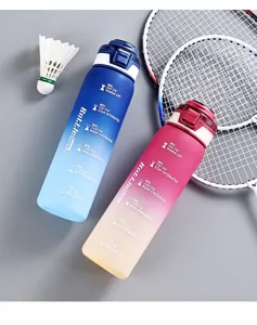 Close-up detail of gradient plastic sports water bottle featuring time markers and inspired text.