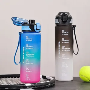 1L gradient frosted sports water bottle with bounce lid, outdoor fitness plastic cup.