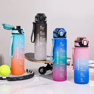 1L Gradient Sports Water Bottle Frosted Plastic Drinkware with Time Marker Fitness Cup