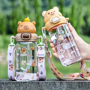 Kids Water Bottle Cute Cartoon Bear Capybara Straw Cup Plastic Portable Outdoor Sports Kettle With Strap