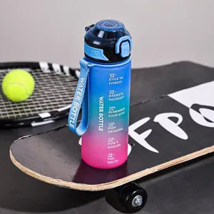 1L Gradient Frosted Sports Water Bottle with Time Marker Bounce Lid Outdoor Drink Cup