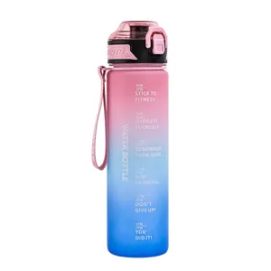 1L Gradient Pink Blue Sports Water Bottle with Time Marker Motivational Plastic Cup