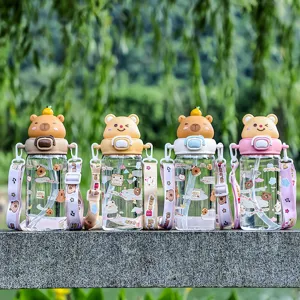 Cute cartoon capybara kids water bottle with strap, portable straw tumbler for students.