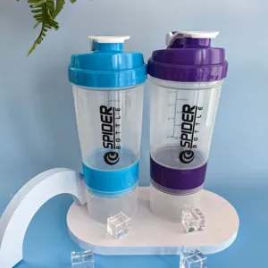 Large capacity fitness shaker bottle three layer protein mixer cup with powder compartment.