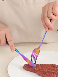 Stainless steel western flatware set, rainbow gradient knife and fork detail shot for home.