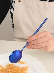 Blue stainless steel western soup spoon, elegant modern cutlery for home dining table.