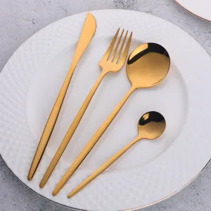 Luxury gold stainless steel flatware set, minimalist western tableware knife fork spoon for home.