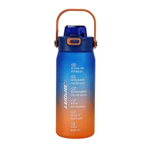 Grote verloopkleur sport waterfles met tijdmarkeringen en handig handvat voor buiten.