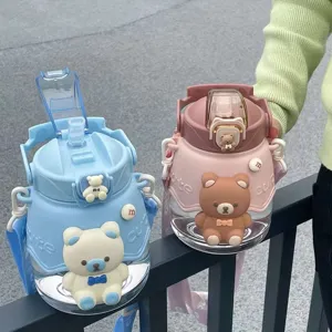 Cute cartoon bear large capacity water bottle with straw and strap for students summer kids