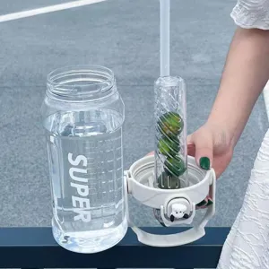Close-up detail of the transparent water bottle showing fruit infuser rod and clear body design.