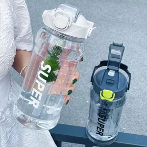 Large capacity plastic water bottle detail view, clear scale markers for sports fitness.